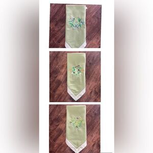 Upcycled Set of 3 Sage Cotton Floral Embroidered Napkins with Cream Trim